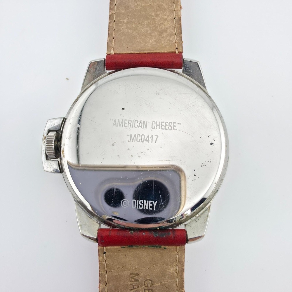 DISNEY 'American Cheese' Watch Mickey Mouse Red Leather‎ Silver Tone 44mm 8.5" - Picture 5 of 15